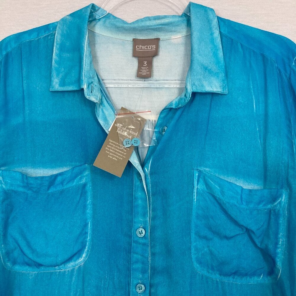 New Chico's Blue Aqua Color‎ Spray Ultra Soft Flowy Button Down XL/3 Preppy - Picture 4 of 12
